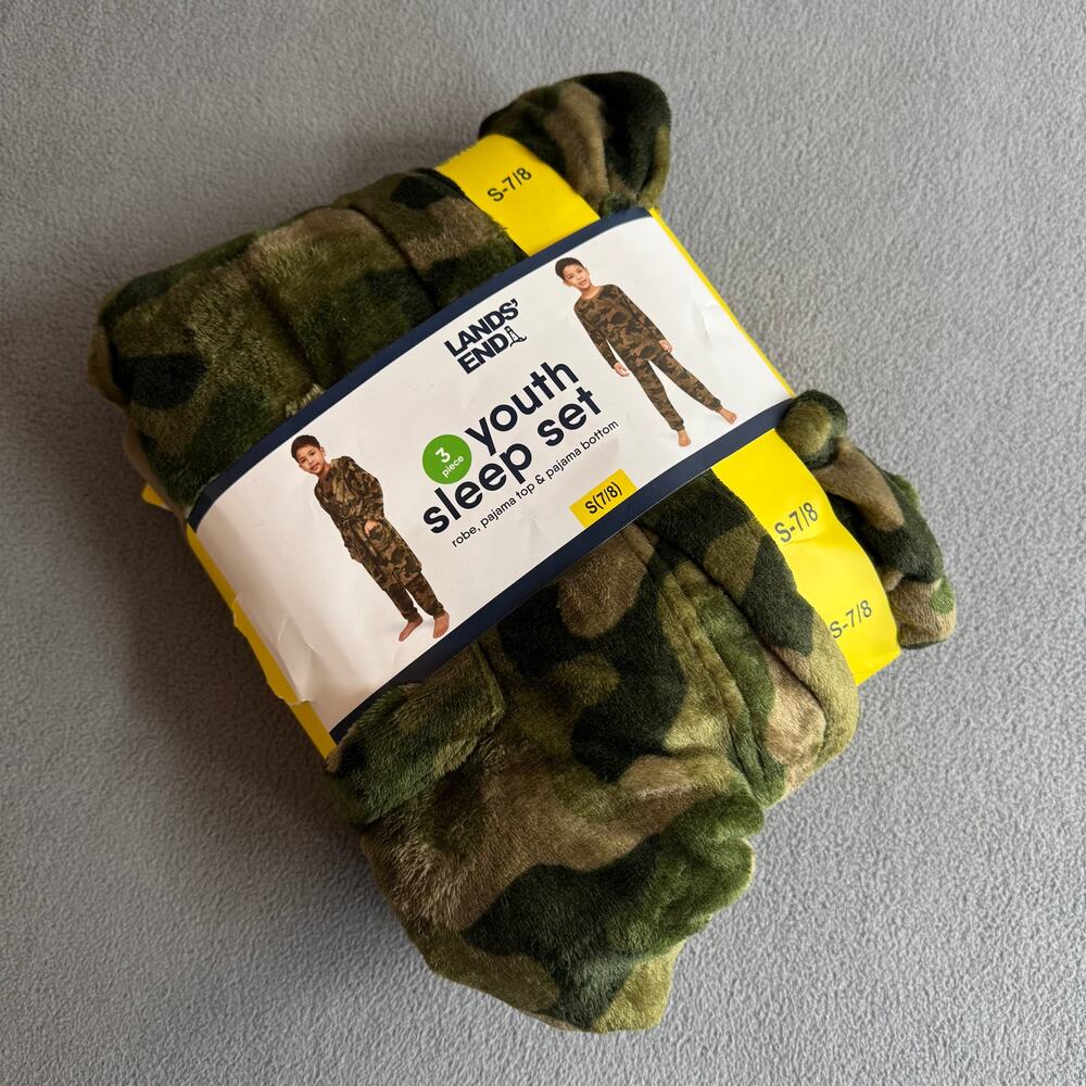 Lands End 3‎ Piece Youth Sleep Set Size S 7/8 Camouflage Pajamas Robe Top Bottom